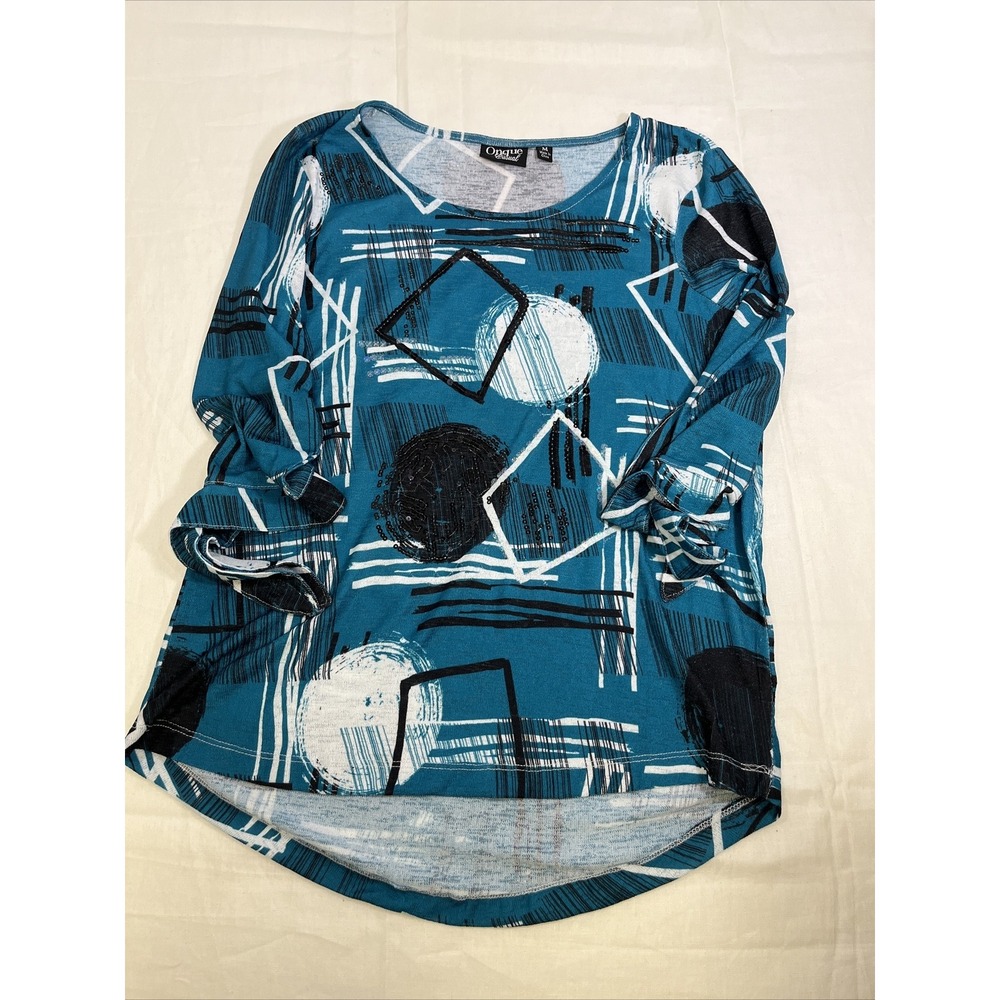 Onque Casuals Art Deco Sequin Tunic Blouse Teal Multicolor Scoop Neck Medium